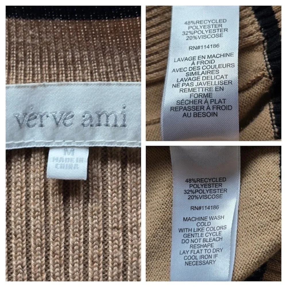 Verve Ami Tan Open Front Cardigan Black Trim Women M Ribbed Fine Knit Pockets